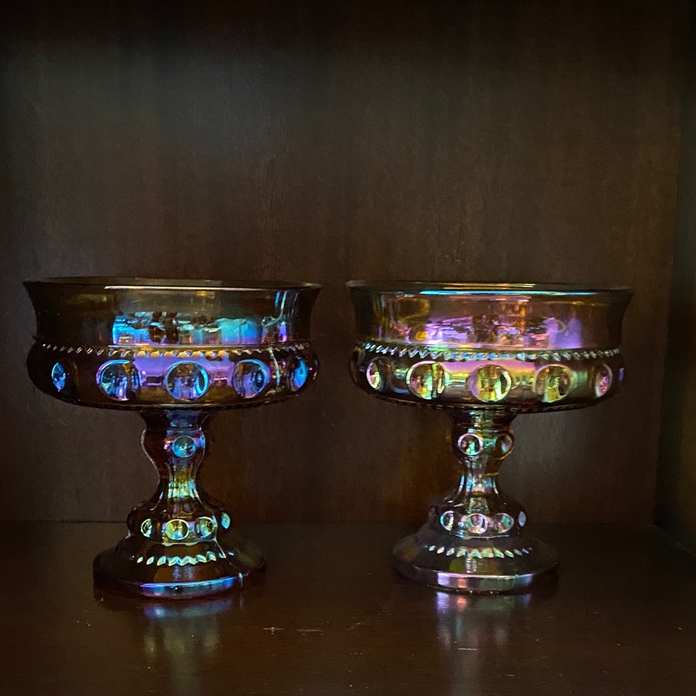 Indiana Glass • Pair of Iridescent • King’s Crown Thumbprint • Dishes